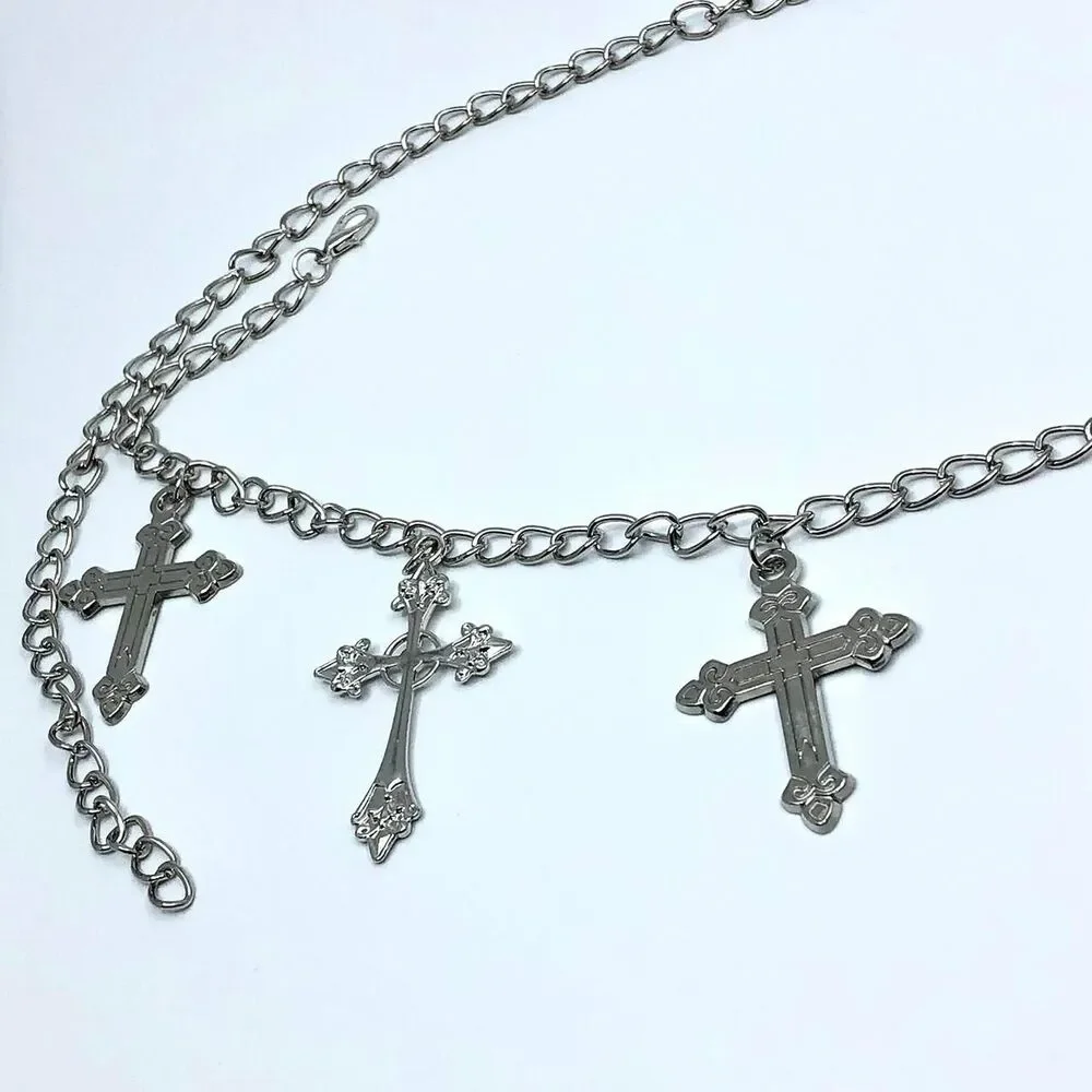 Vintage Y2K Whimsygoth Silver Cross Chain Belt, Fits 19–42 Inches, X7GA1189